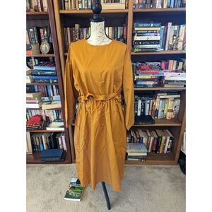 DESIREE Klein orange drawstring waist long sleeve midi cotton dress sz small nwo